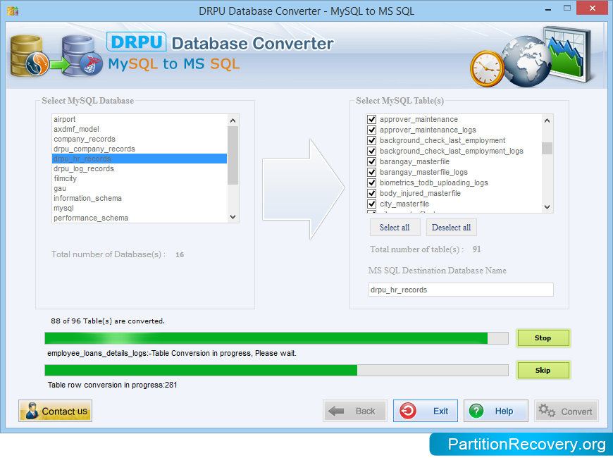 Stope data base conversion progress